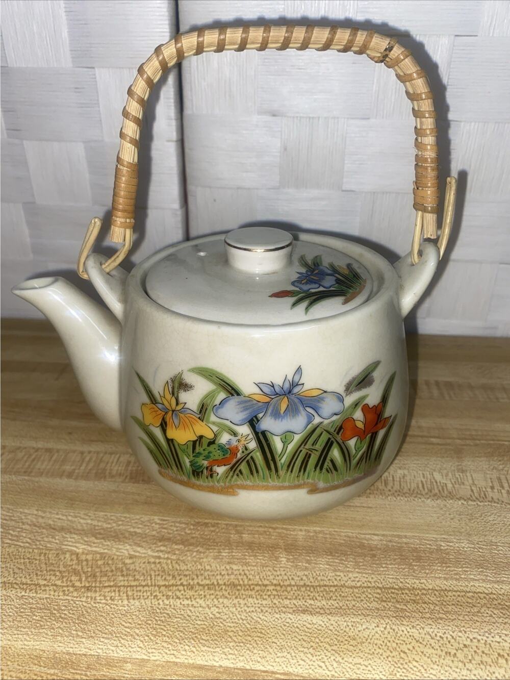 Vintage Japanese Kutani Tea Pot Porcelain W/ Bamboo Handle Iris Floral